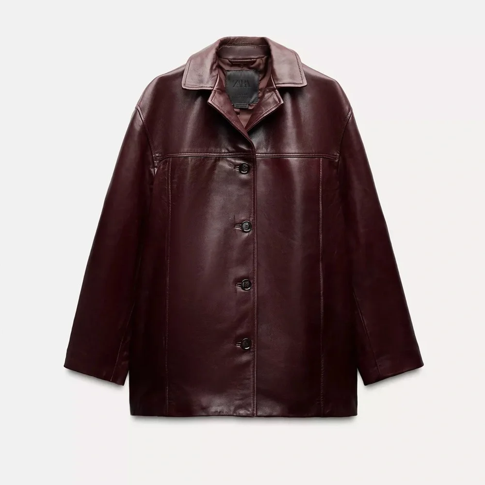 ZARA $349 100% Sheep Leather Burgundy Button Down Womens Jacket M